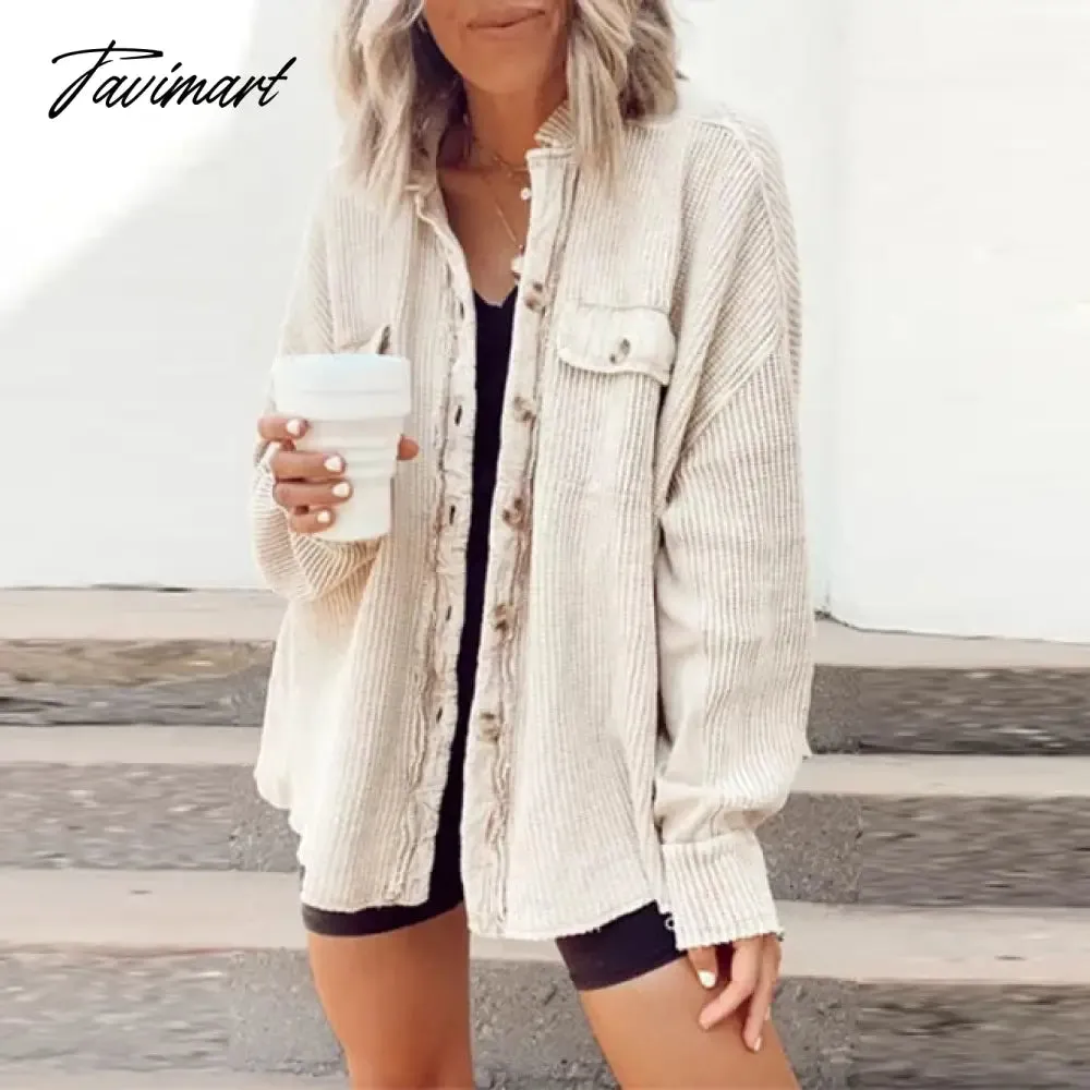 Tavimart Elegant Solid Color Ribbed Tops Lady Jackets Autumn Winter Fashion Breasted Button Women Coats Casual Loose Long Sleeve Outwears