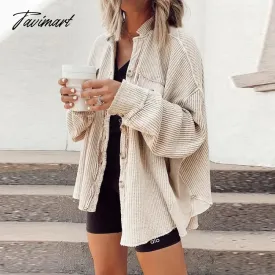 Tavimart Elegant Solid Color Ribbed Tops Lady Jackets Autumn Winter Fashion Breasted Button Women Coats Casual Loose Long Sleeve Outwears