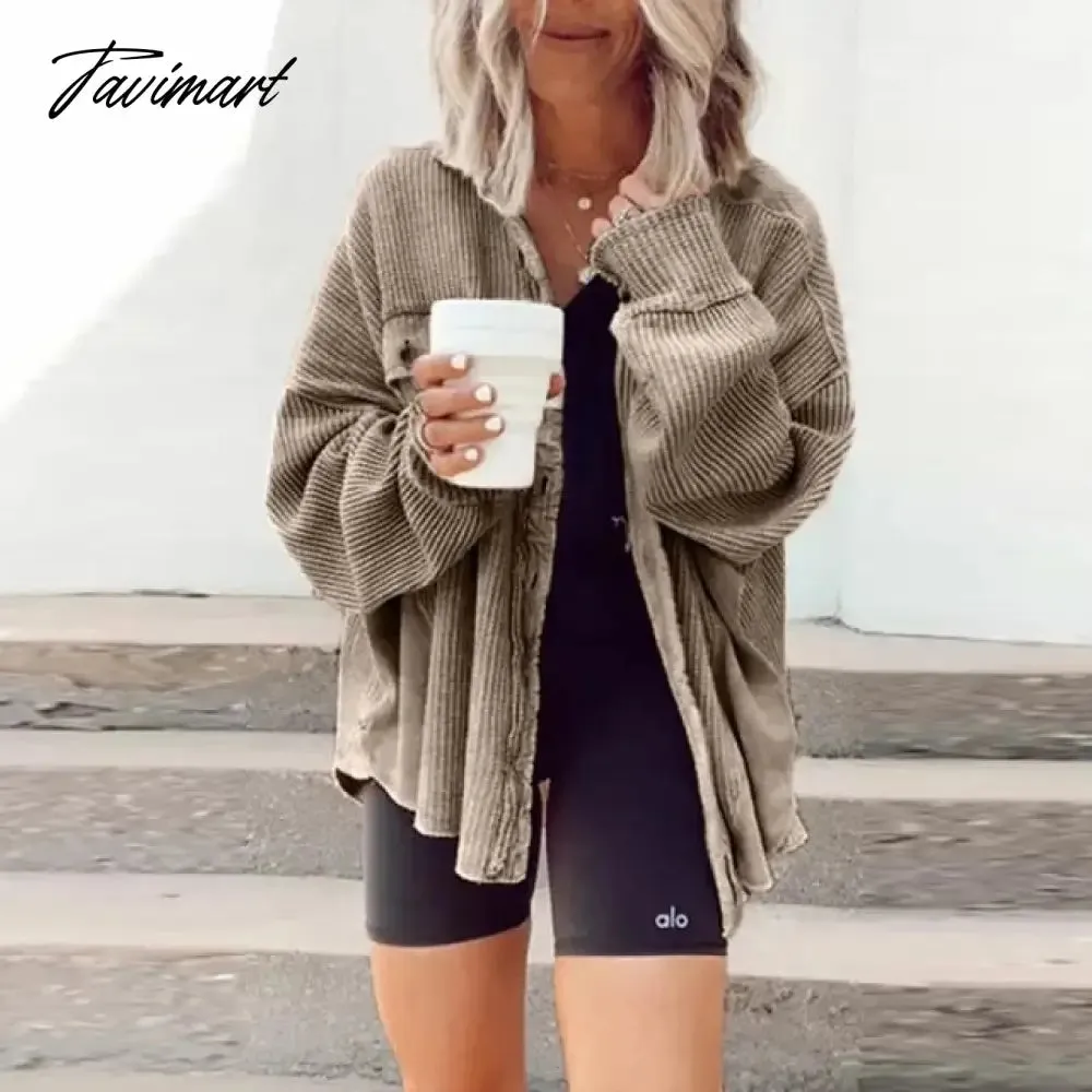 Tavimart Elegant Solid Color Ribbed Tops Lady Jackets Autumn Winter Fashion Breasted Button Women Coats Casual Loose Long Sleeve Outwears