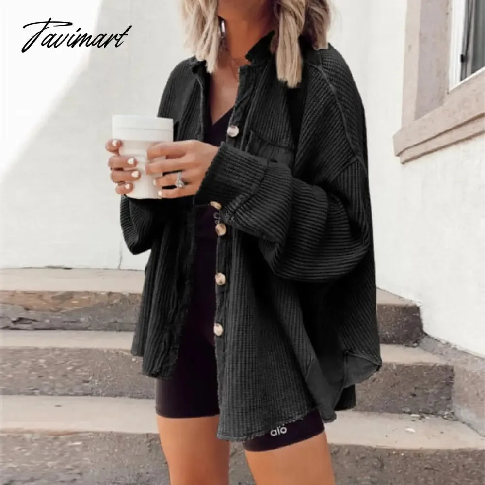 Tavimart Elegant Solid Color Ribbed Tops Lady Jackets Autumn Winter Fashion Breasted Button Women Coats Casual Loose Long Sleeve Outwears