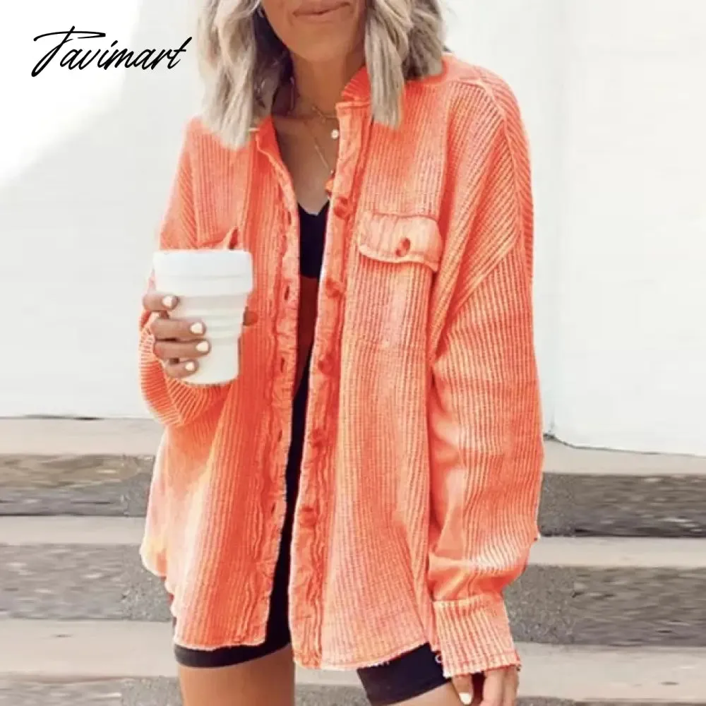 Tavimart Elegant Solid Color Ribbed Tops Lady Jackets Autumn Winter Fashion Breasted Button Women Coats Casual Loose Long Sleeve Outwears