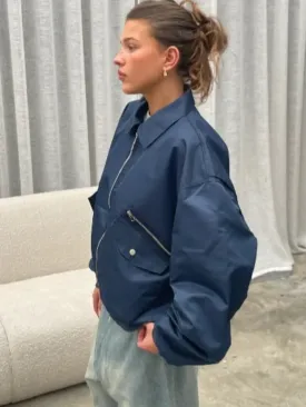 TAVIMART  -  Fashion Zipper Lapel With Pockets Bomber Jacket Women Casual Solid Long Sleeves Short Coats 2024 Autumn Lady Street Outerwear
