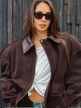 TAVIMART  -  Vintage Brown Splicing Suede Leather Jackets For Women Fashion Lapel Oversized Pockets Coats Autumn Lady Commute Streetwear