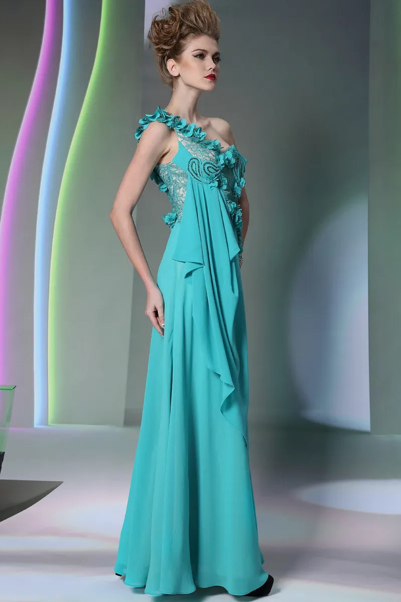 Turquiose Grecian One Shoulder Formal Prom Evening Dress DQ831063