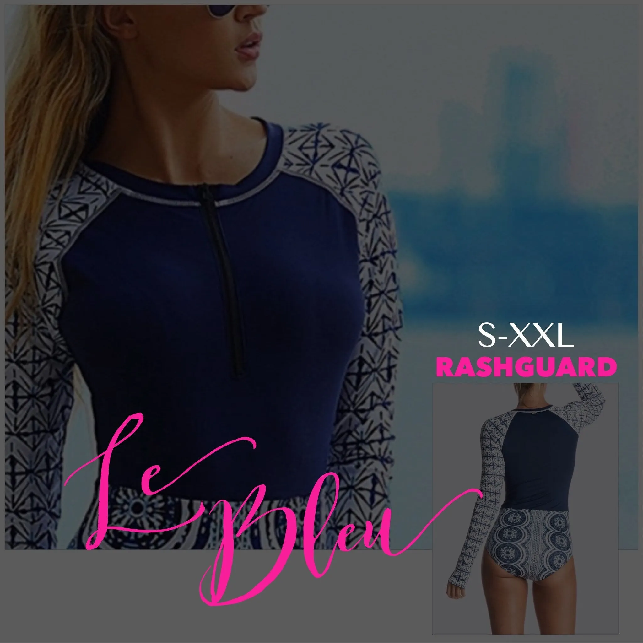 UPF longsleeve swimsuit Le Bleu Rashguard surfsuit navy blue white modest swim surf snorkel paddle womens cruise resort paddle board 2024