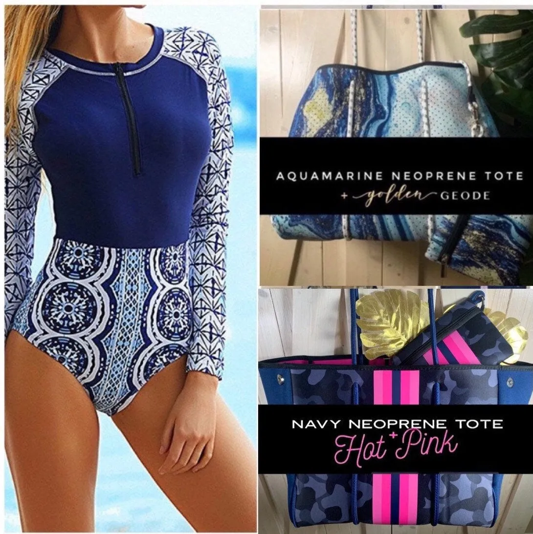 UPF longsleeve swimsuit Le Bleu Rashguard surfsuit navy blue white modest swim surf snorkel paddle womens cruise resort paddle board 2024