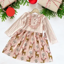 Winter Fun Girls Twirl Dresses - Pink Stripe Reindeers