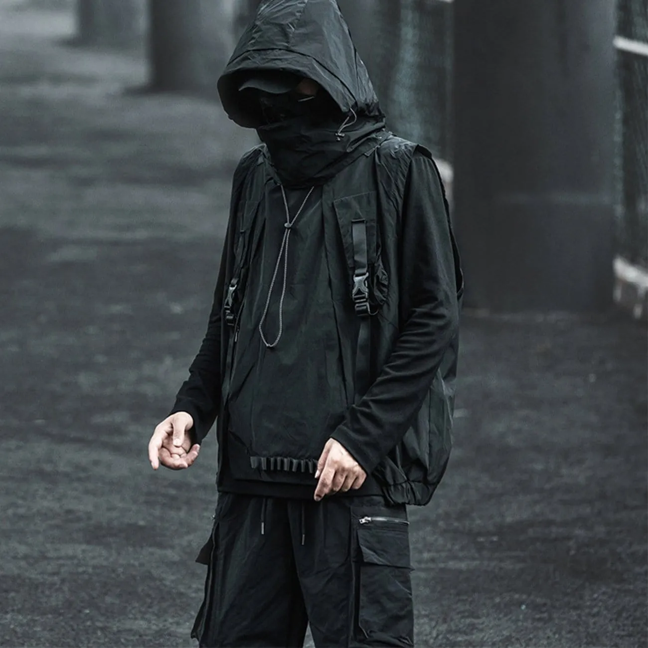 WLS Dark Combat Multi Pockets Hooded Vest Jacket
