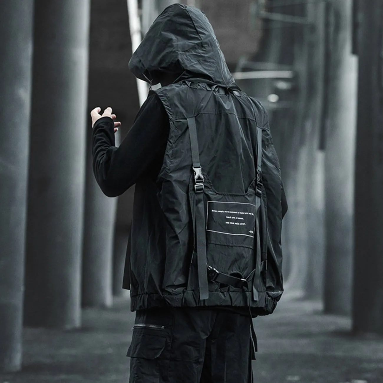 WLS Dark Combat Multi Pockets Hooded Vest Jacket