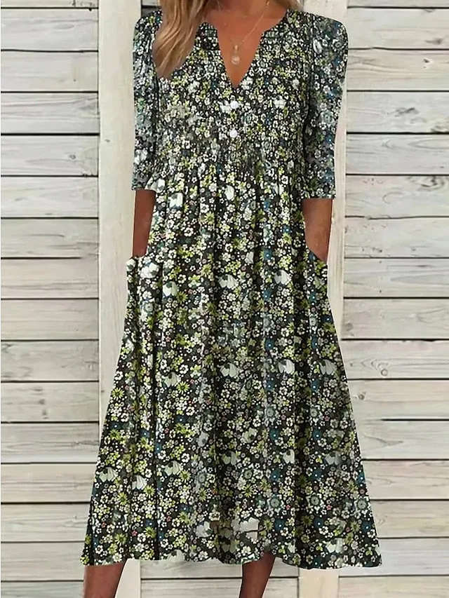 Women's Casual Dress Midi Dress Green Half Sleeve Floral Ruched Summer Spring Fall V Neck Casual Weekend 2023 S M L XL XXL 3XL