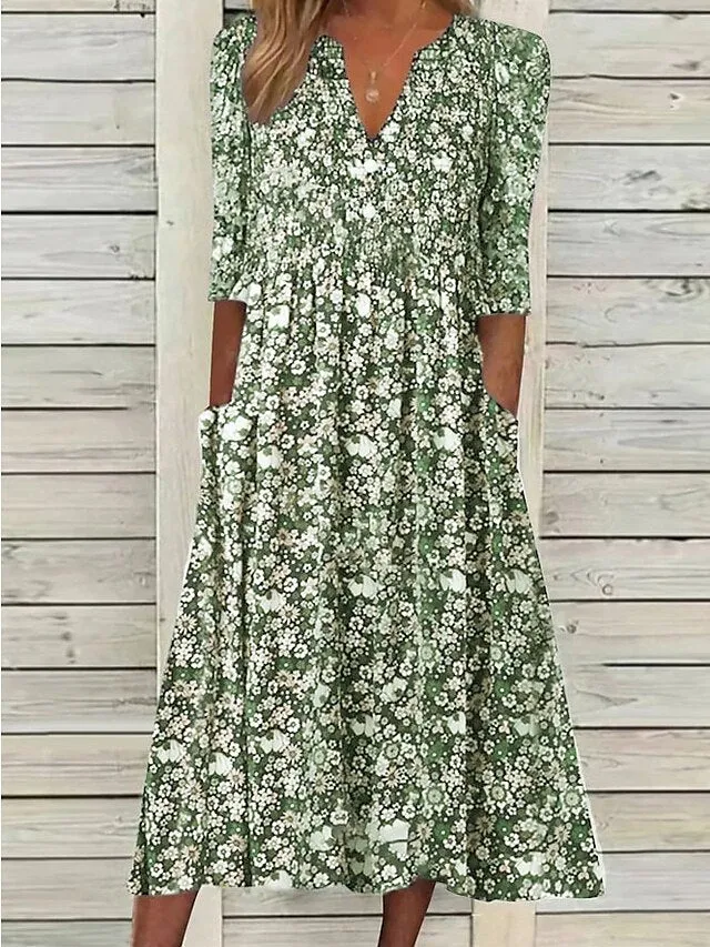 Women's Casual Dress Midi Dress Green Half Sleeve Floral Ruched Summer Spring Fall V Neck Casual Weekend 2023 S M L XL XXL 3XL
