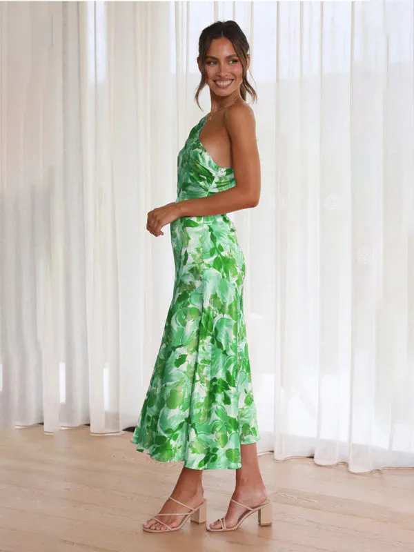 Women's  Fashionable Temperament Slant Neck Suspender Fishtail Print Dresses