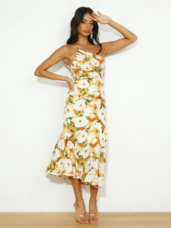 Women's  Fashionable Temperament Slant Neck Suspender Fishtail Print Dresses