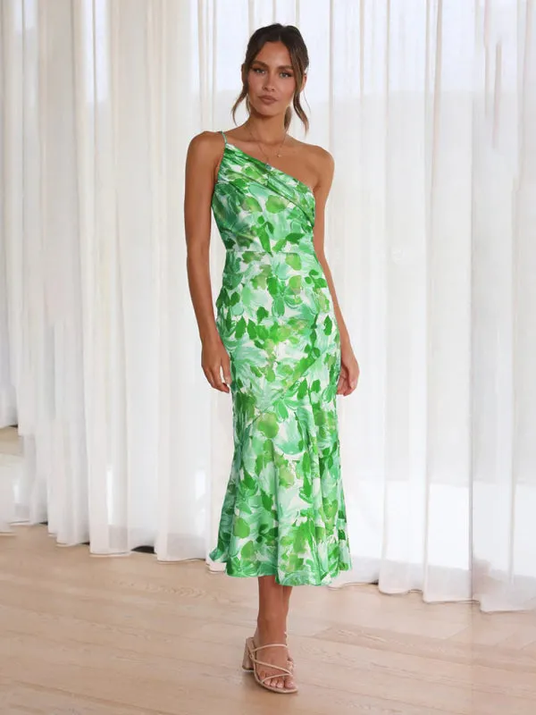 Women's  Fashionable Temperament Slant Neck Suspender Fishtail Print Dresses