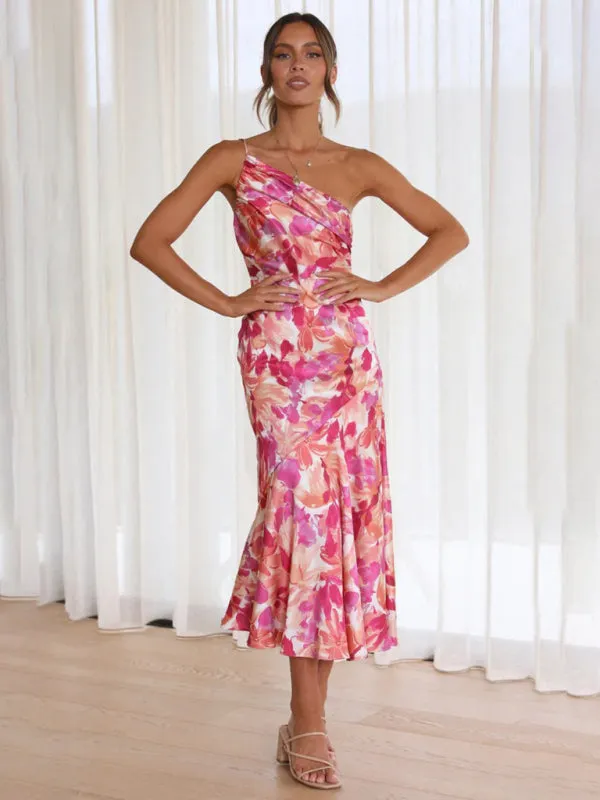 Women's  Fashionable Temperament Slant Neck Suspender Fishtail Print Dresses