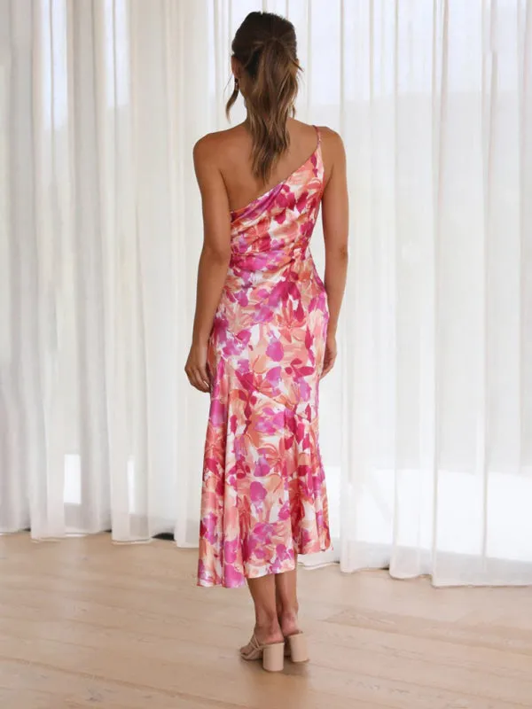 Women's  Fashionable Temperament Slant Neck Suspender Fishtail Print Dresses