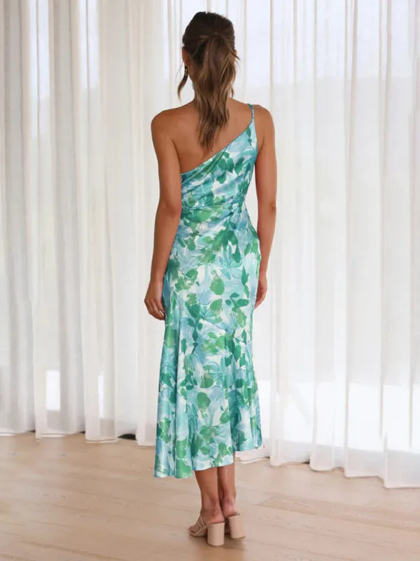 Women's  Fashionable Temperament Slant Neck Suspender Fishtail Print Dresses