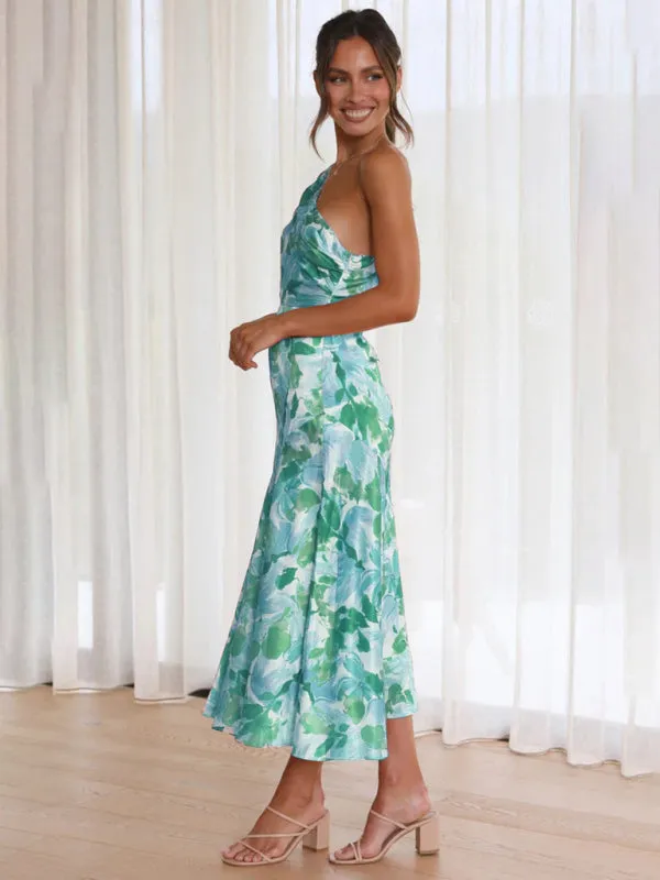 Women's  Fashionable Temperament Slant Neck Suspender Fishtail Print Dresses