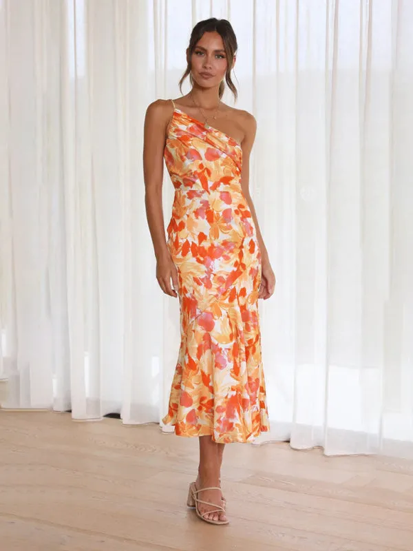 Women's  Fashionable Temperament Slant Neck Suspender Fishtail Print Dresses