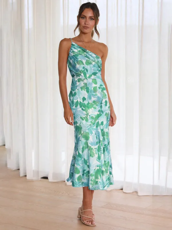 Women's  Fashionable Temperament Slant Neck Suspender Fishtail Print Dresses