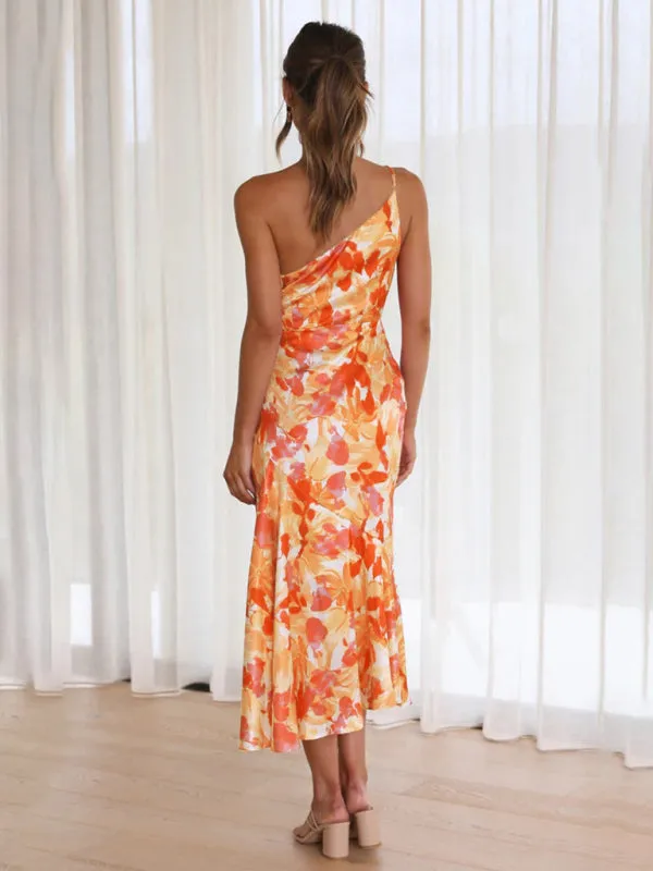 Women's  Fashionable Temperament Slant Neck Suspender Fishtail Print Dresses