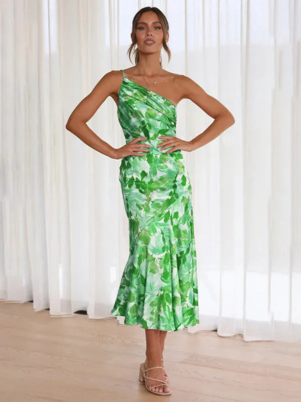 Women's  Fashionable Temperament Slant Neck Suspender Fishtail Print Dresses
