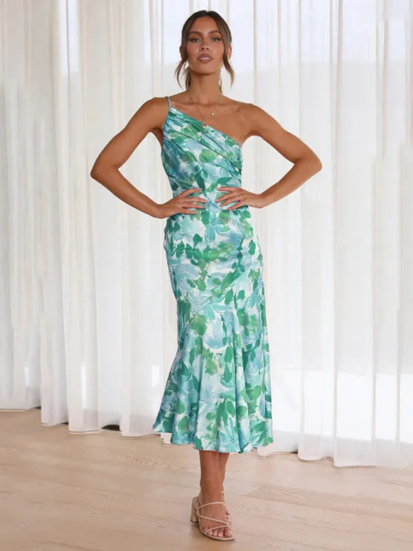 Women's  Fashionable Temperament Slant Neck Suspender Fishtail Print Dresses
