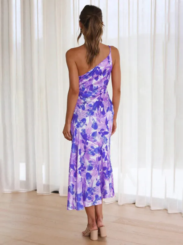 Women's  Fashionable Temperament Slant Neck Suspender Fishtail Print Dresses