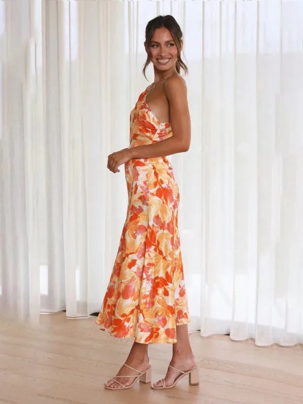 Women's  Fashionable Temperament Slant Neck Suspender Fishtail Print Dresses