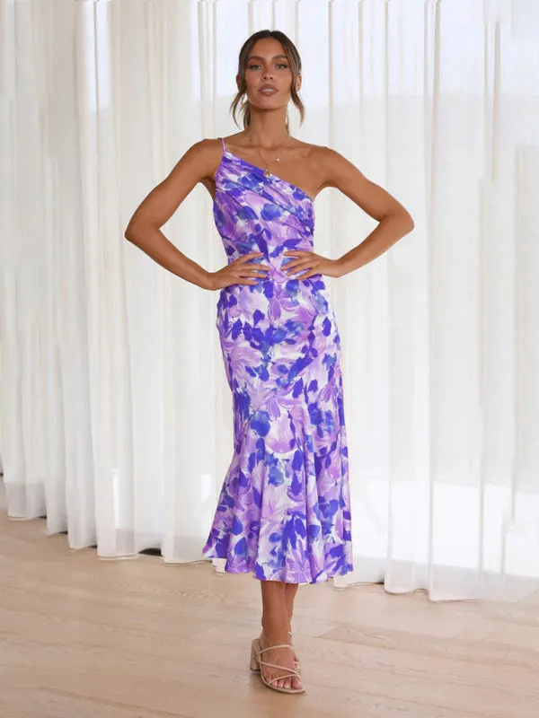 Women's  Fashionable Temperament Slant Neck Suspender Fishtail Print Dresses