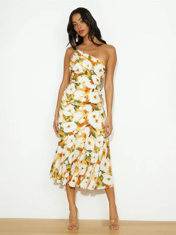 Women's  Fashionable Temperament Slant Neck Suspender Fishtail Print Dresses