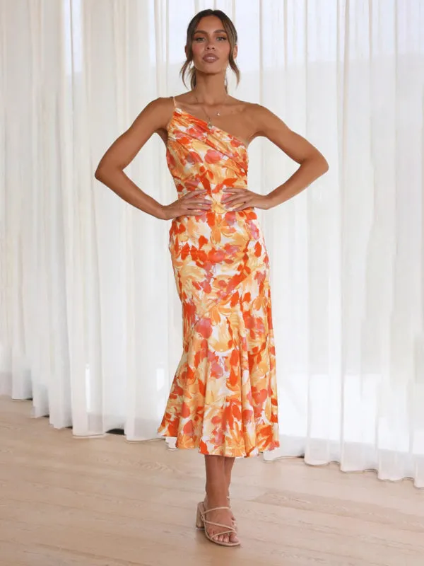 Women's  Fashionable Temperament Slant Neck Suspender Fishtail Print Dresses