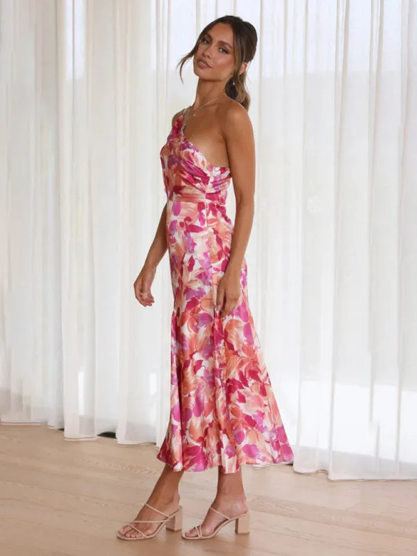 Women's  Fashionable Temperament Slant Neck Suspender Fishtail Print Dresses