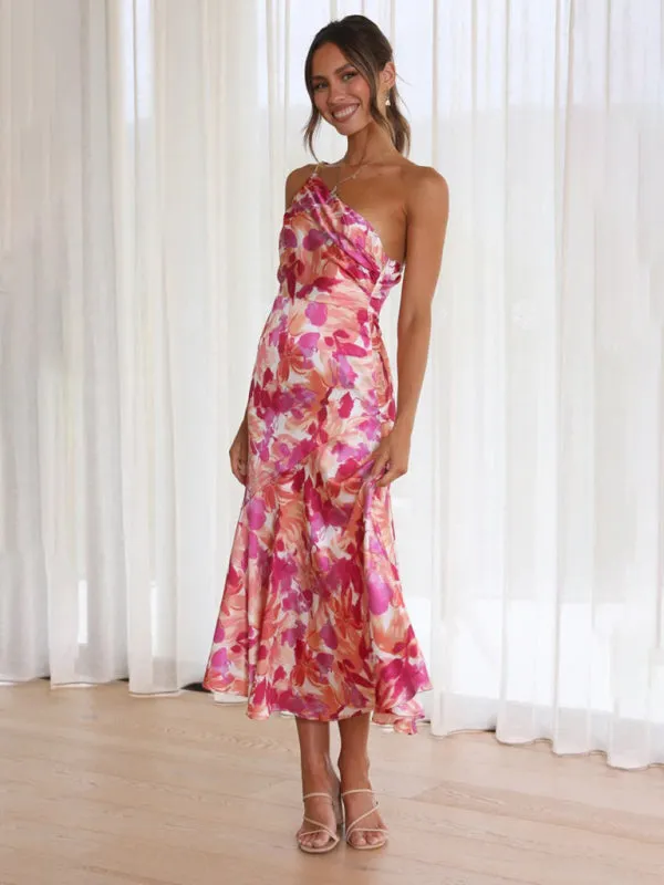 Women's  Fashionable Temperament Slant Neck Suspender Fishtail Print Dresses