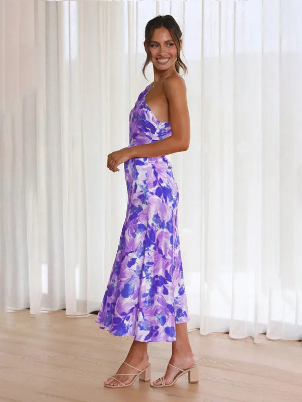 Women's  Fashionable Temperament Slant Neck Suspender Fishtail Print Dresses