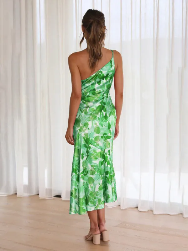 Women's  Fashionable Temperament Slant Neck Suspender Fishtail Print Dresses