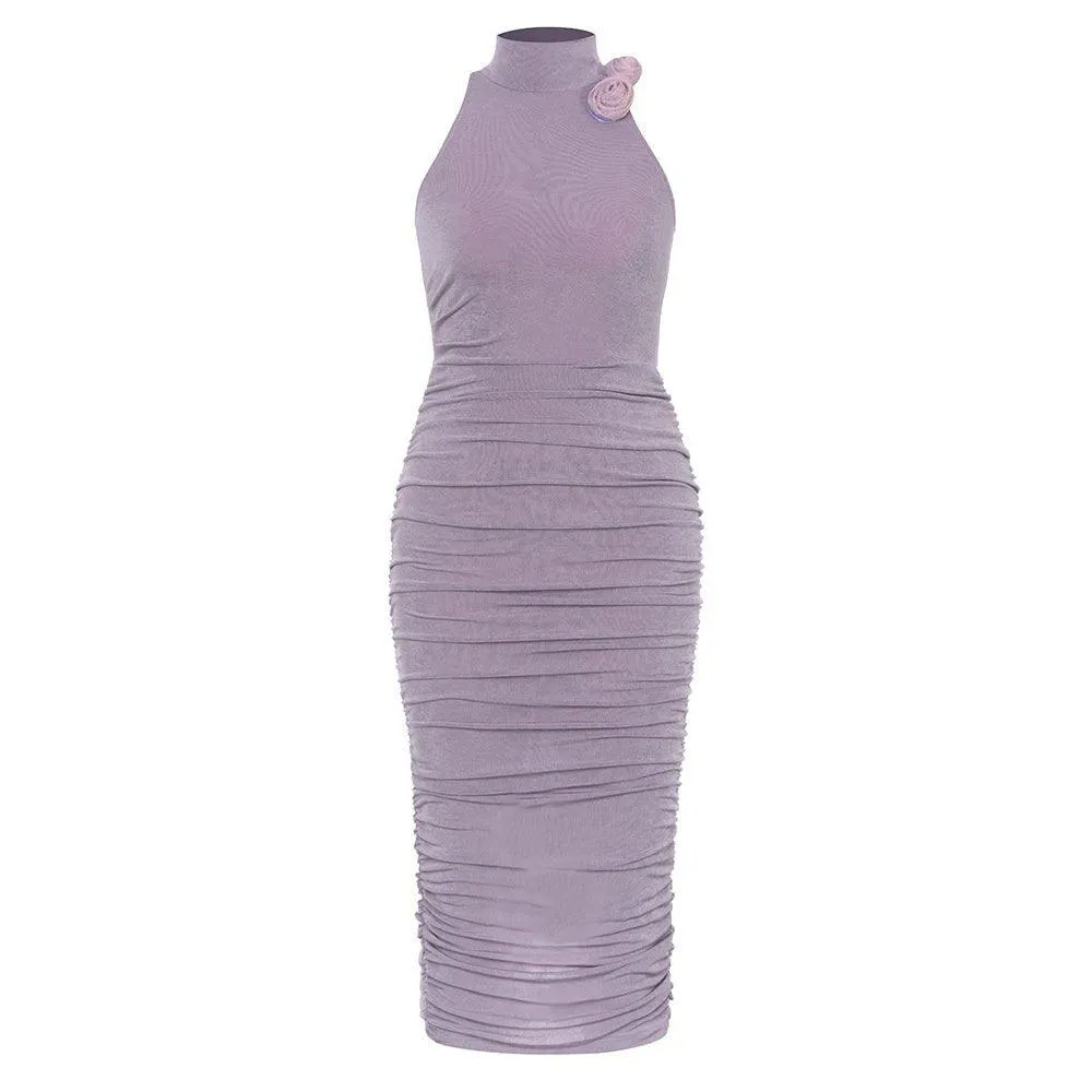 Women's Floral Midi Bodycon Dress - High Neck, Sleeveless, GFIT