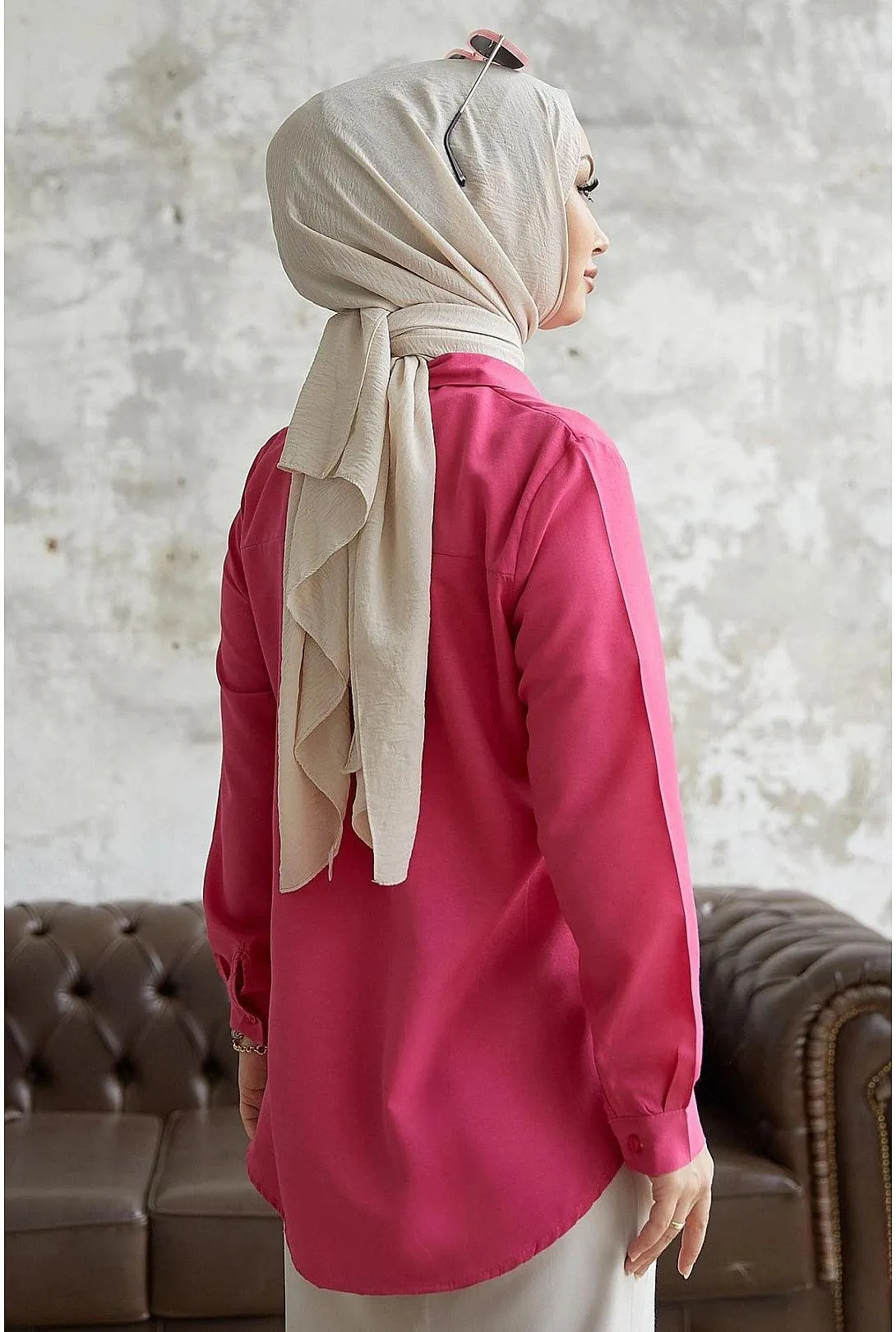 Women's Modest Fuchsia Pink Long Sleeve Collar Shirt