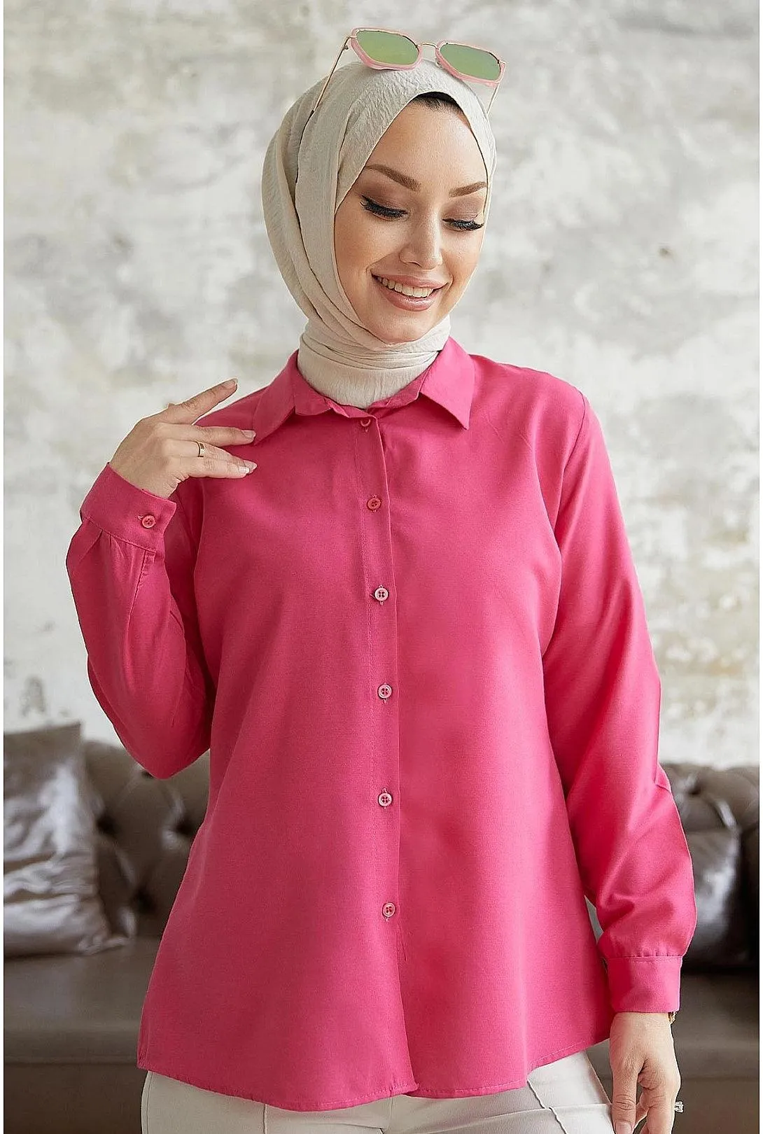 Women's Modest Fuchsia Pink Long Sleeve Collar Shirt
