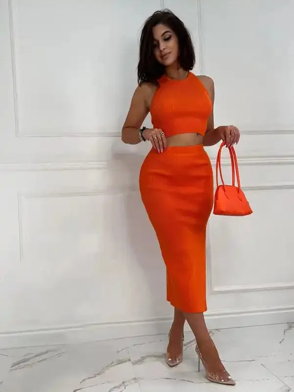 Women’s Solid Color Vest Top Slim Fit Slit Skirt Two Piece Set