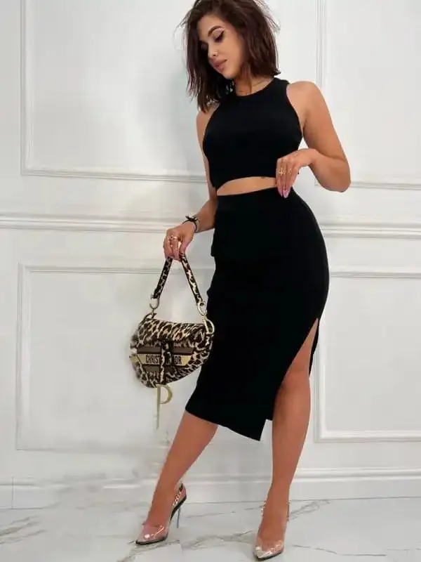 Women’s Solid Color Vest Top Slim Fit Slit Skirt Two Piece Set