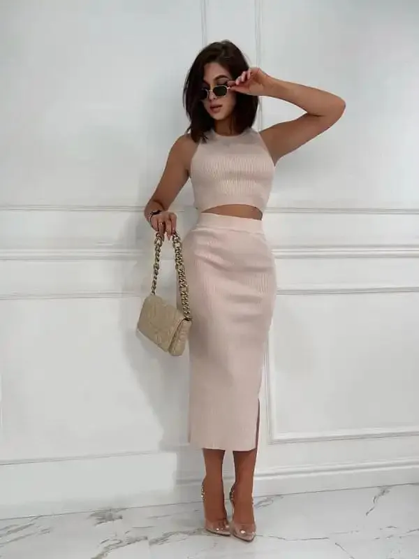 Women’s Solid Color Vest Top Slim Fit Slit Skirt Two Piece Set