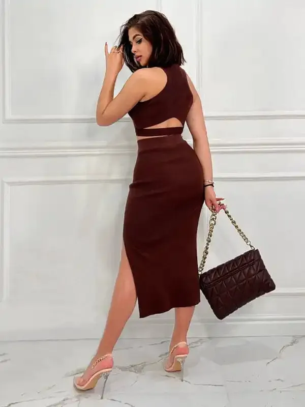 Women’s Solid Color Vest Top Slim Fit Slit Skirt Two Piece Set