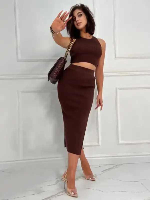 Women’s Solid Color Vest Top Slim Fit Slit Skirt Two Piece Set