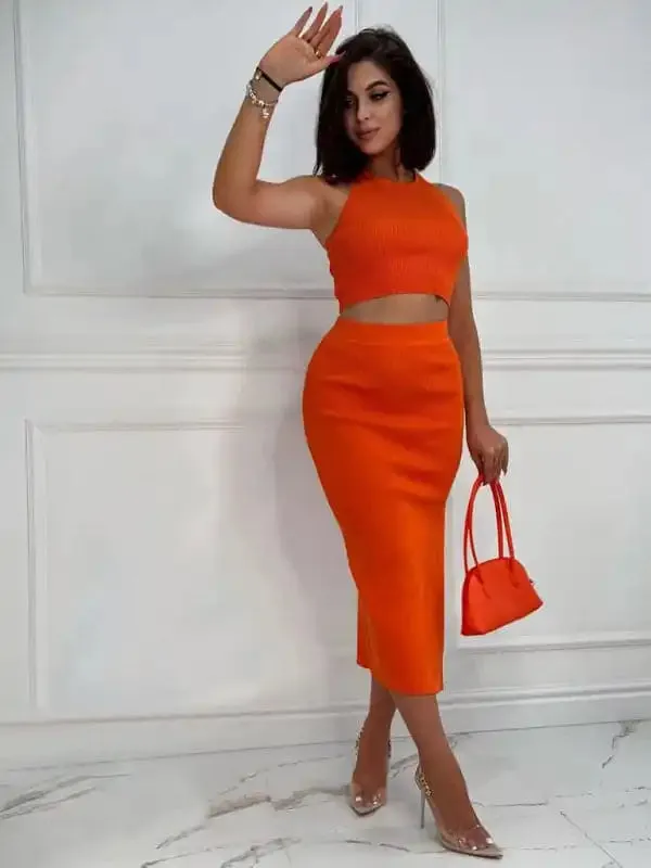 Women’s Solid Color Vest Top Slim Fit Slit Skirt Two Piece Set