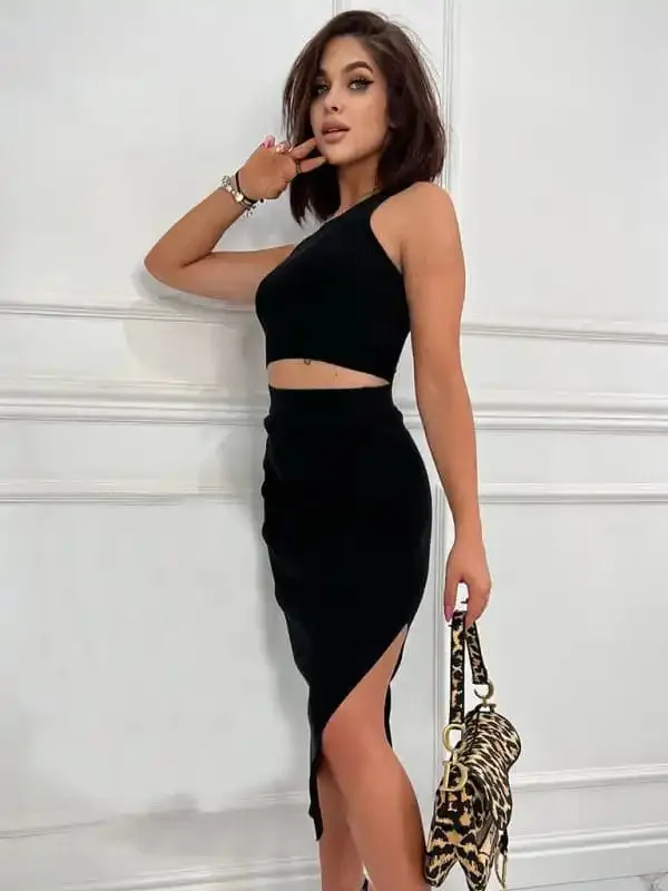 Women’s Solid Color Vest Top Slim Fit Slit Skirt Two Piece Set