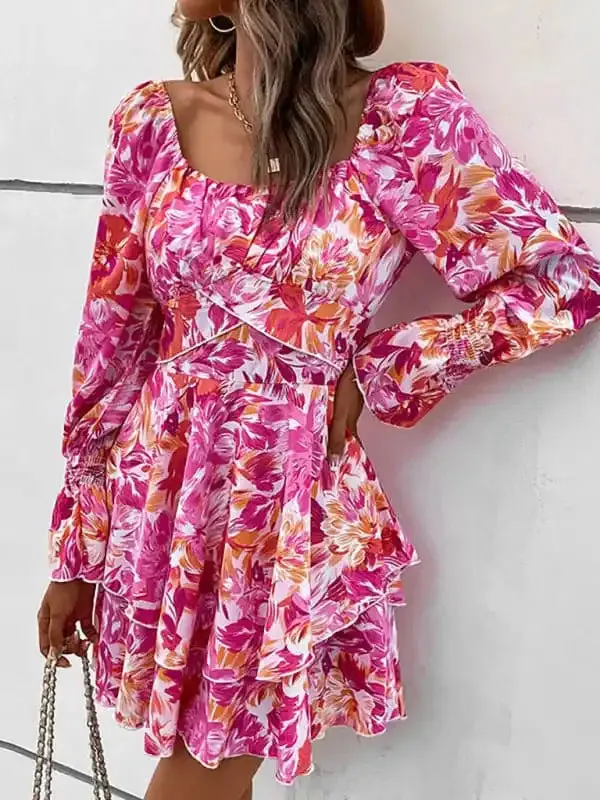 Women’s square neck print ruffle sleeve dress