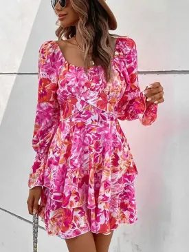 Women’s square neck print ruffle sleeve dress