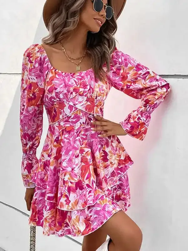 Women’s square neck print ruffle sleeve dress
