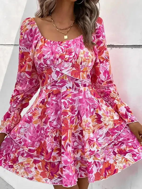 Women’s square neck print ruffle sleeve dress